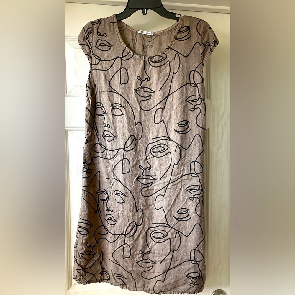 Linen Dress Taupe with unique black line pattern, size Large